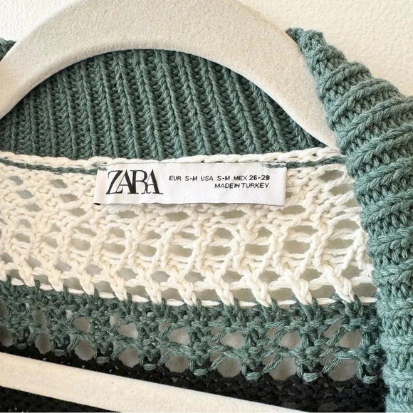 NWT Zara Oversized Knit Polo Sweater Short Sleeve Button Down Stripe Green S/M - Picture 5 of 7